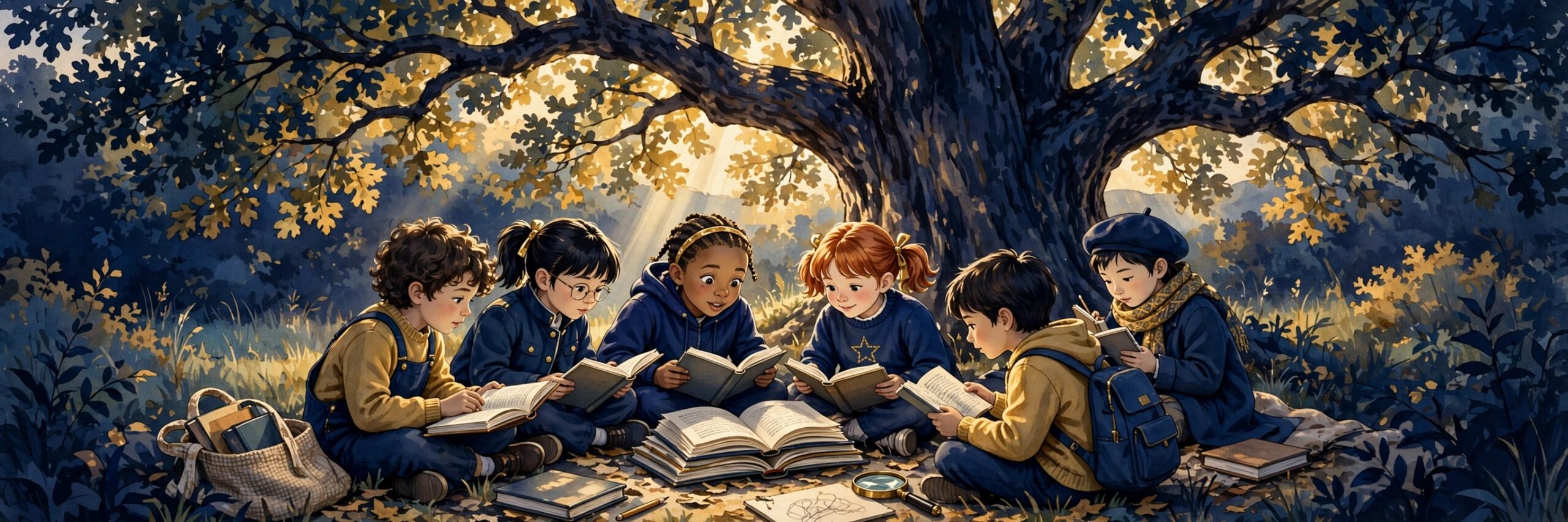 Children reading under a tree